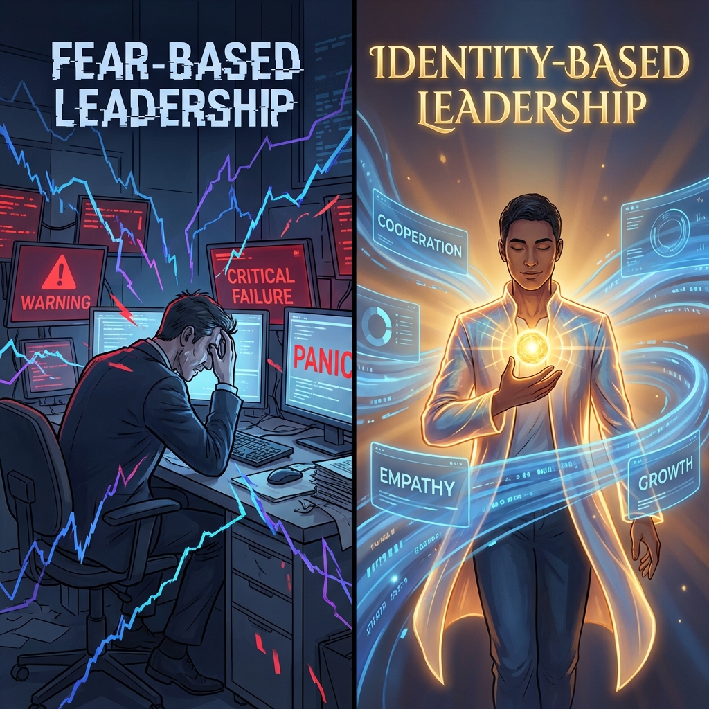 Split panel - fear-based leader vs identity-based leader