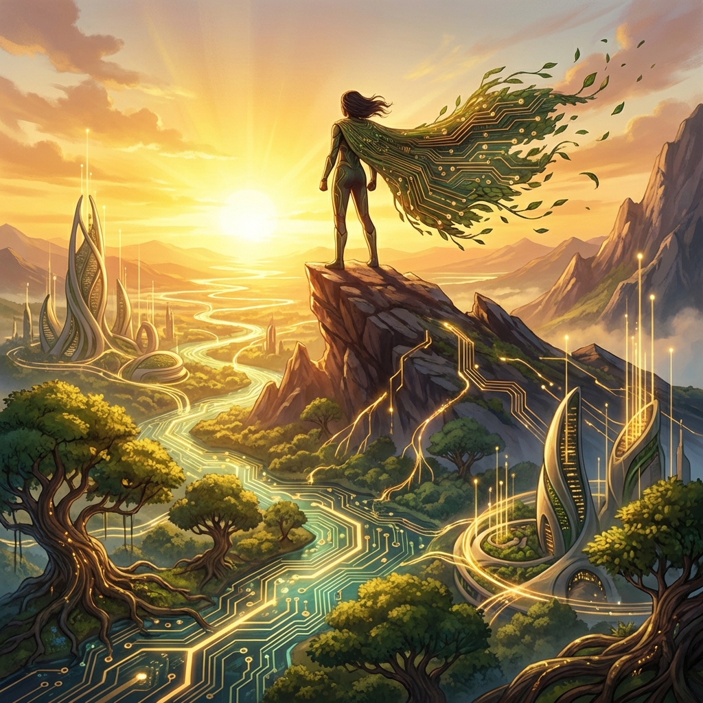Figure on mountain peak at sunrise overlooking merged worlds